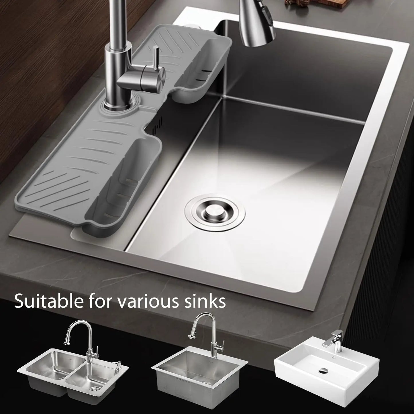 Silicone Faucet Splash Guard Water Catcher Mat Sink Mat Tray Drying Mat Dish Sponge Holder Kitchen Sink Accessory Organizer