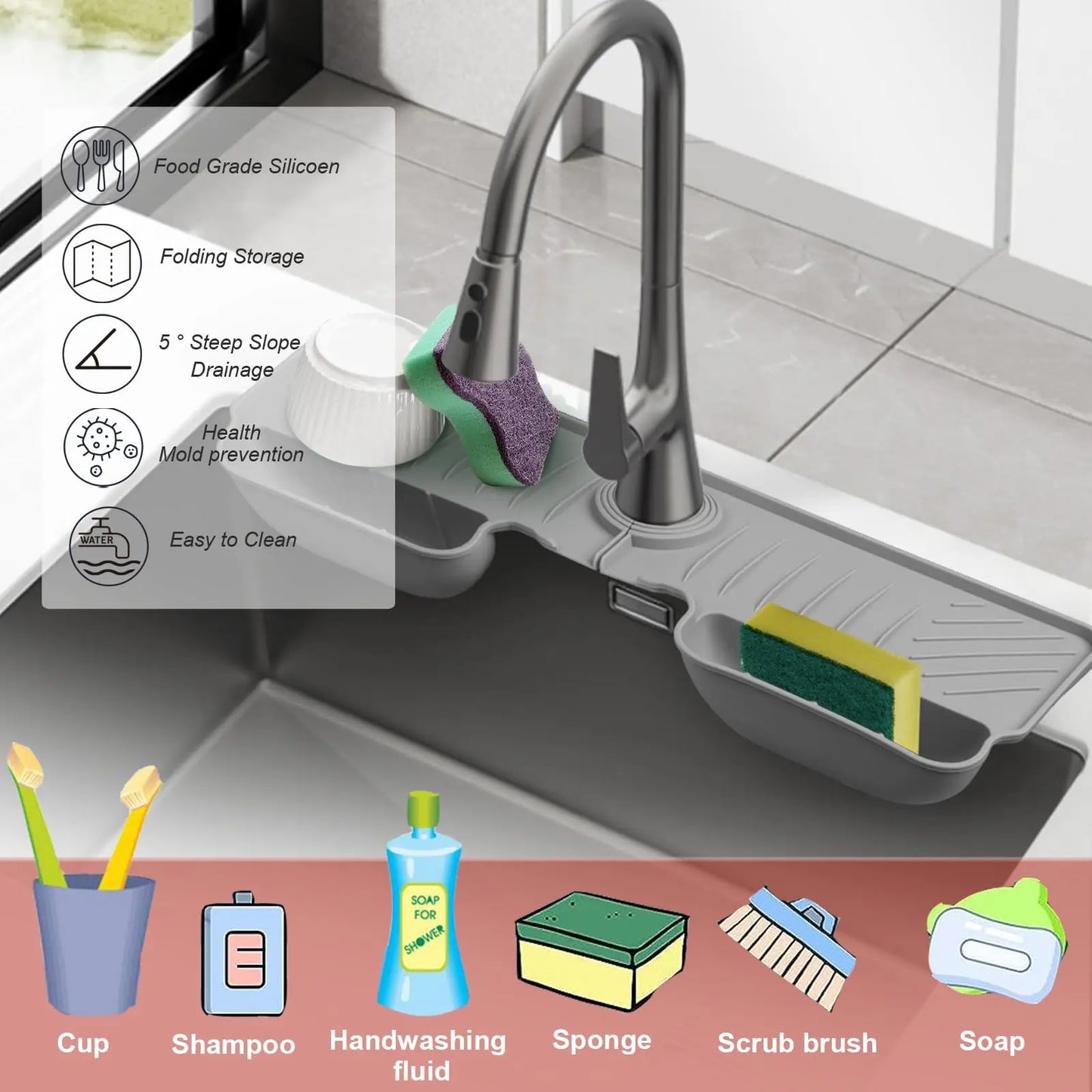 Silicone Faucet Splash Guard Water Catcher Mat Sink Mat Tray Drying Mat Dish Sponge Holder Kitchen Sink Accessory Organizer