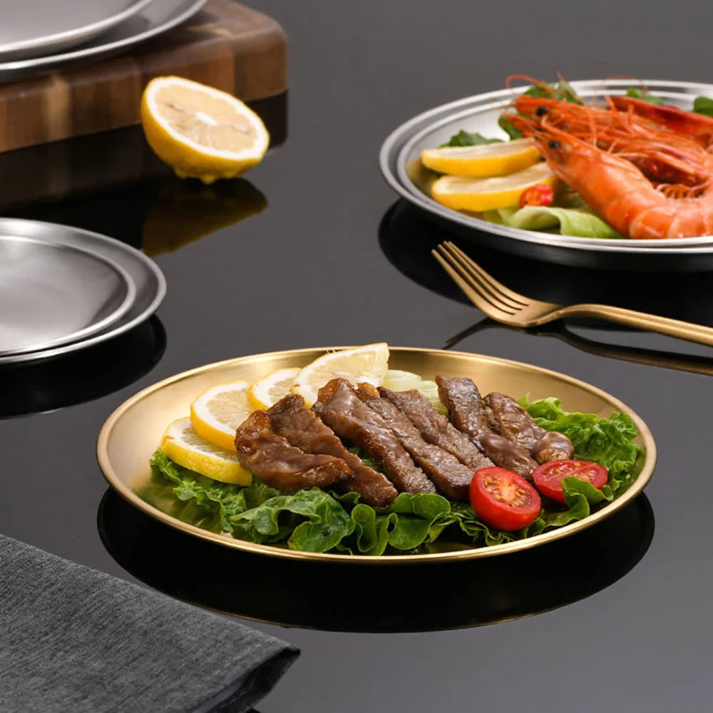Korean Stainless Steel Disc Golden Cafe Tray Fruit Plate Cake Plate Bone Shallow Plate Snack Kitchen Home Outdoor Dinner Plate