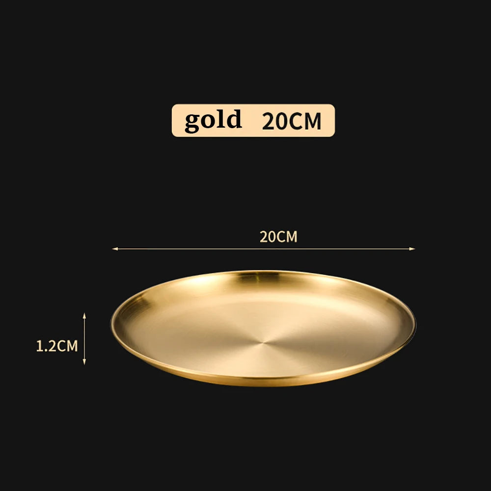 Korean Stainless Steel Disc Golden Cafe Tray Fruit Plate Cake Plate Bone Shallow Plate Snack Kitchen Home Outdoor Dinner Plate