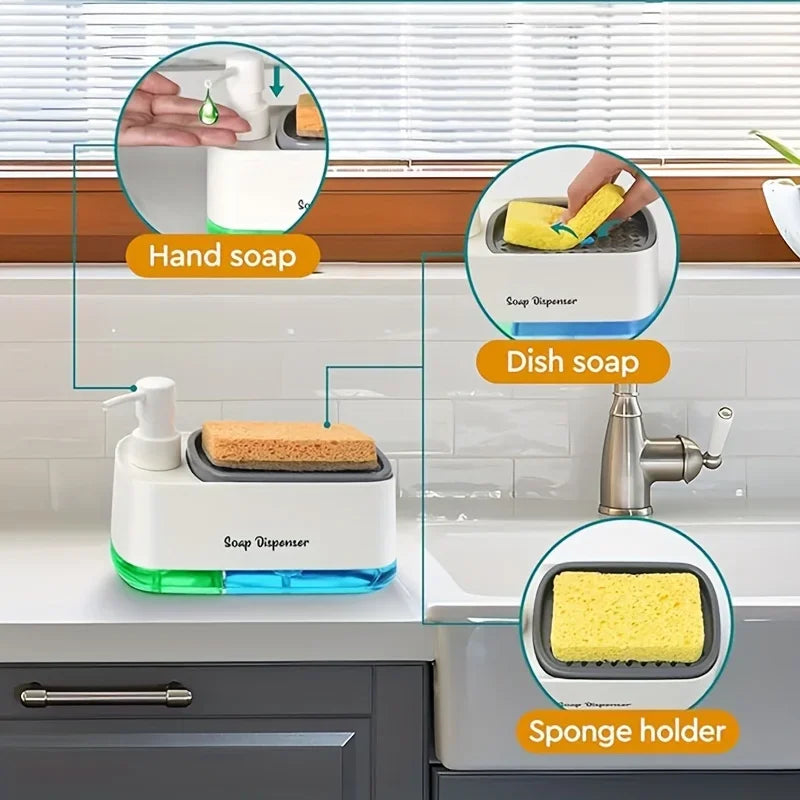 Hand and Dish Soap Dispenser Set, Dual Soap Dispenser with Sponge Holder, 3-in-1 Countertop Soap Pump Dispenser for Kitchen Sink