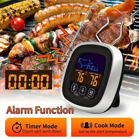Large touchscreen digital kitchen thermometer with stainless steel probe - dual display Fahrenheit/Celsius, battery powered