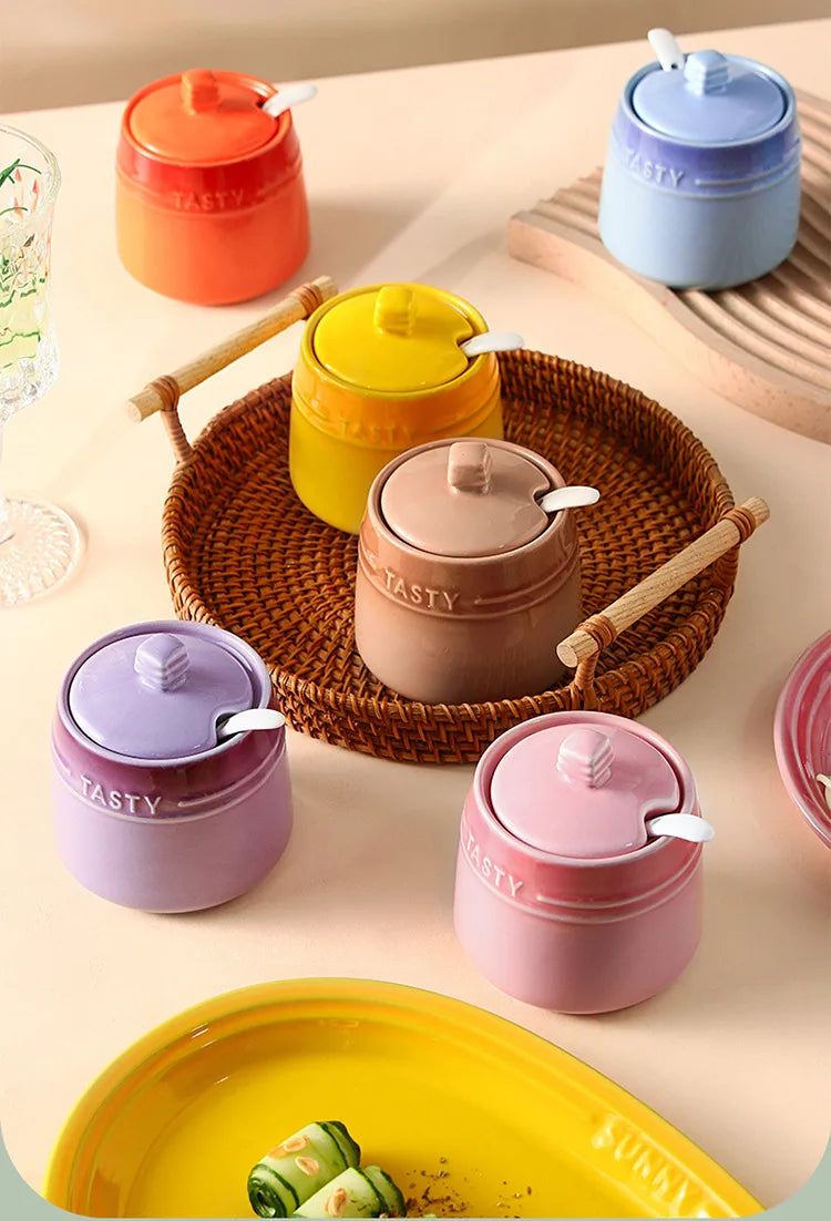 Ice Cream Gradient Rainbow Color Ceramic Seasoning Jar With Lid Sugar Salt Storage Accessories Kitchen Spoon French Style Set