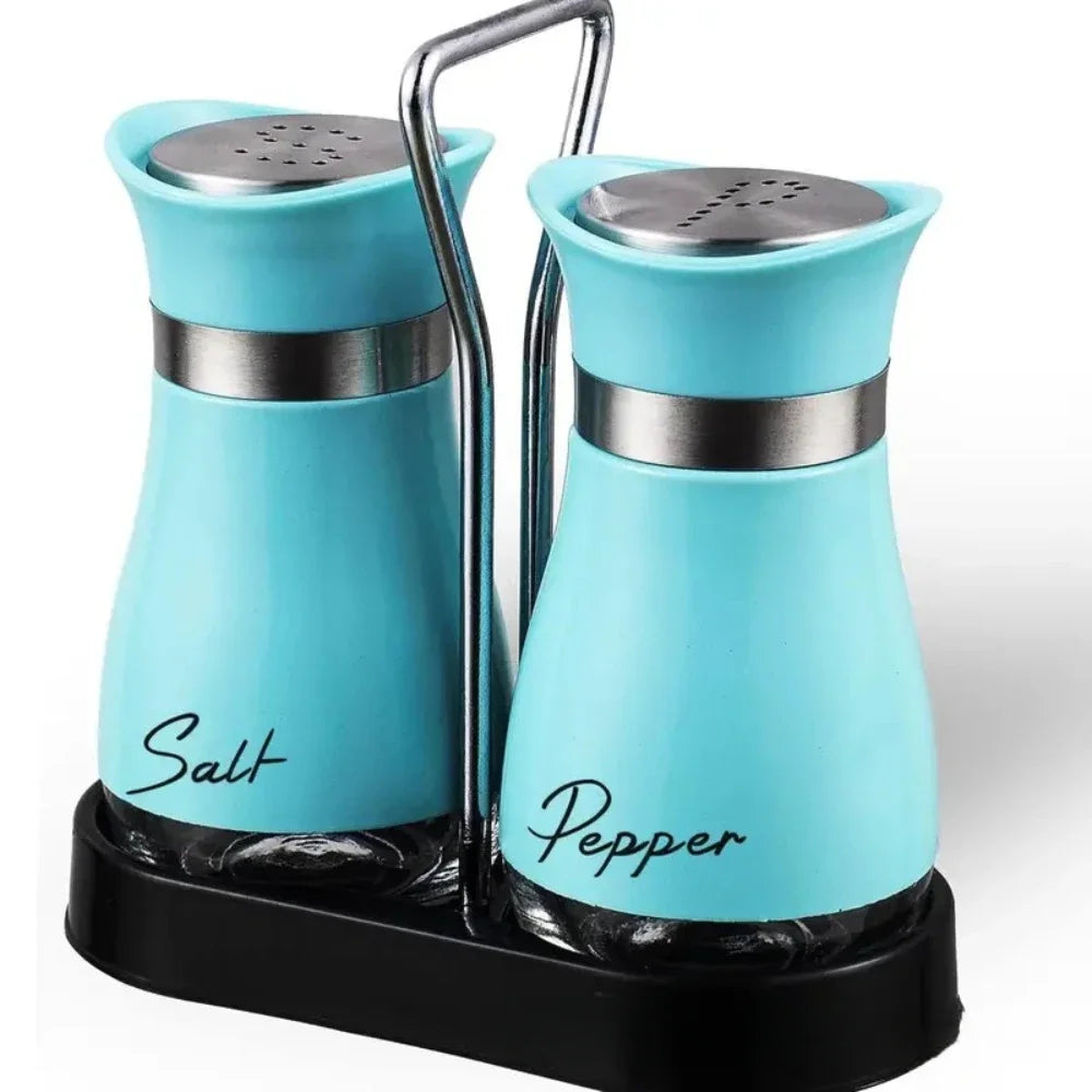 2pcs Glass Spice Bottle Adjustable Refillable Salt and Pepper Shakers with Shelf Spice Dispenser Pour Holes Kitchen Gadget