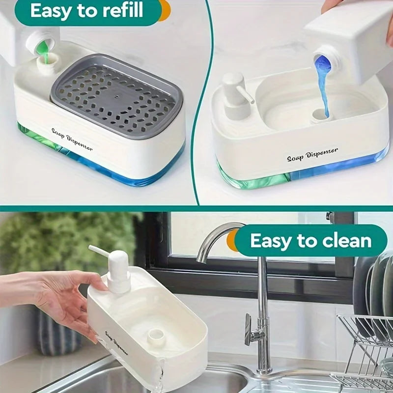 Hand and Dish Soap Dispenser Set, Dual Soap Dispenser with Sponge Holder, 3-in-1 Countertop Soap Pump Dispenser for Kitchen Sink