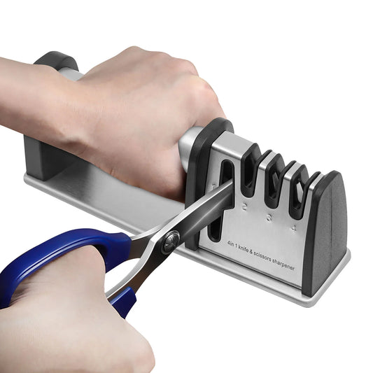 4-in-1 Electric Knife Sharpener for Kitchen with Tungsten, Diamond, Ceramic, and Scissors Slots, Easy to Use