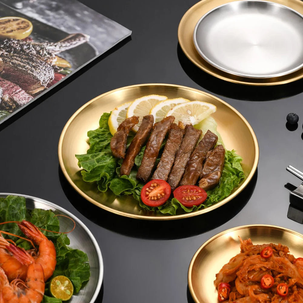 Korean Stainless Steel Disc Golden Cafe Tray Fruit Plate Cake Plate Bone Shallow Plate Snack Kitchen Home Outdoor Dinner Plate