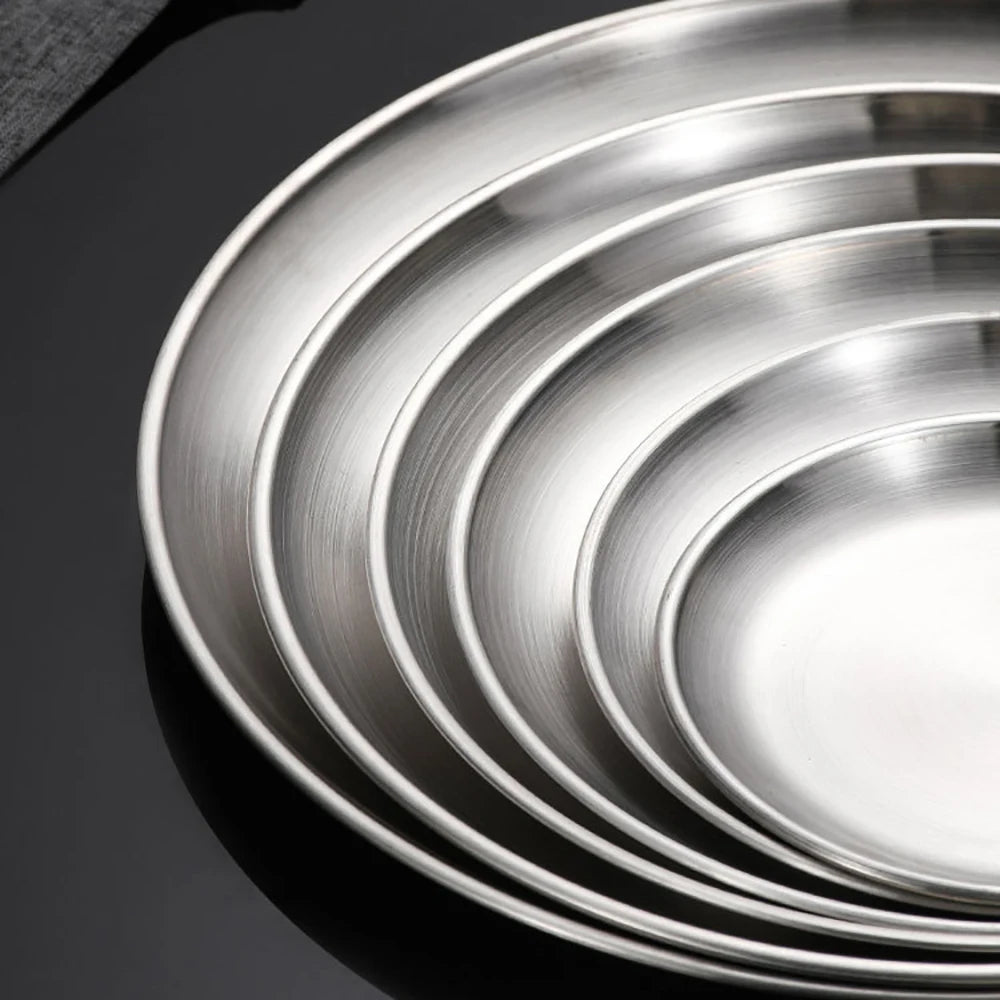 Korean Stainless Steel Disc Golden Cafe Tray Fruit Plate Cake Plate Bone Shallow Plate Snack Kitchen Home Outdoor Dinner Plate