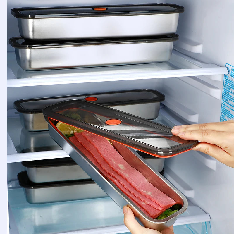 Stainless steel bacon tray with lid, suitable for fruits, vegetables, and meats, kitchen cleaning, and refrigerator storage