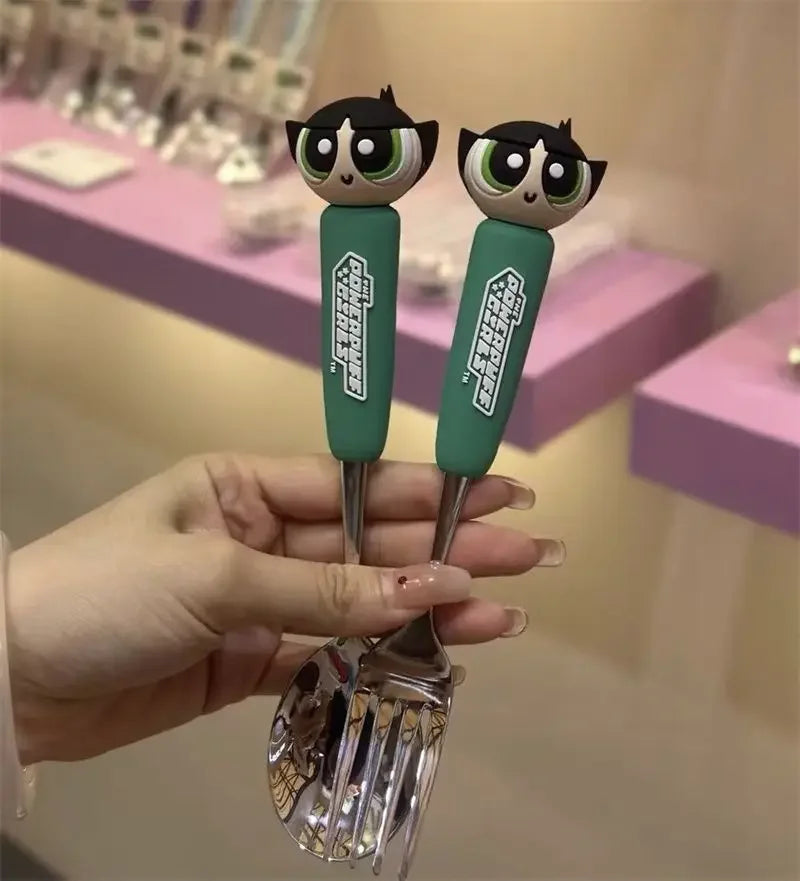 The Powerpuff Girls Blossom Bubbles Anime Peripheral Creative Cartoon Home Kitchen Student Portable Spoon and Fork Tableware