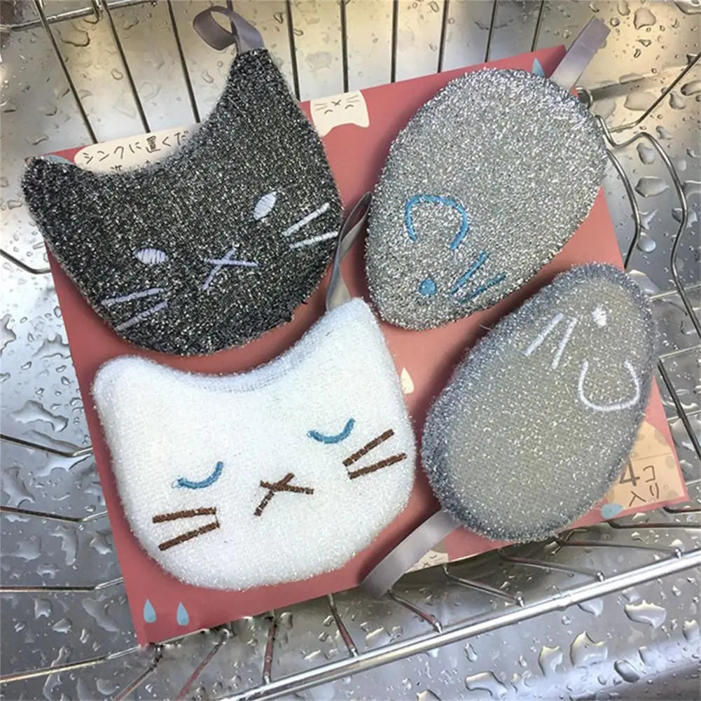 Cartoon Sponge Dish Cloths 4Pcs/Set Cleansing Sponge Kitchen Cleaning Tools Multifunctional Dishwashing Sponge Cute Pot Brush