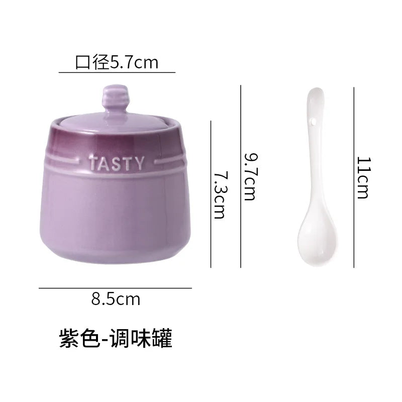 Ice Cream Gradient Rainbow Color Ceramic Seasoning Jar With Lid Sugar Salt Storage Accessories Kitchen Spoon French Style Set