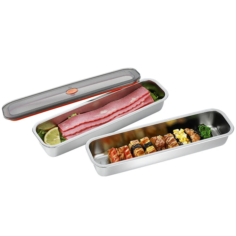 Stainless steel bacon tray with lid, suitable for fruits, vegetables, and meats, kitchen cleaning, and refrigerator storage