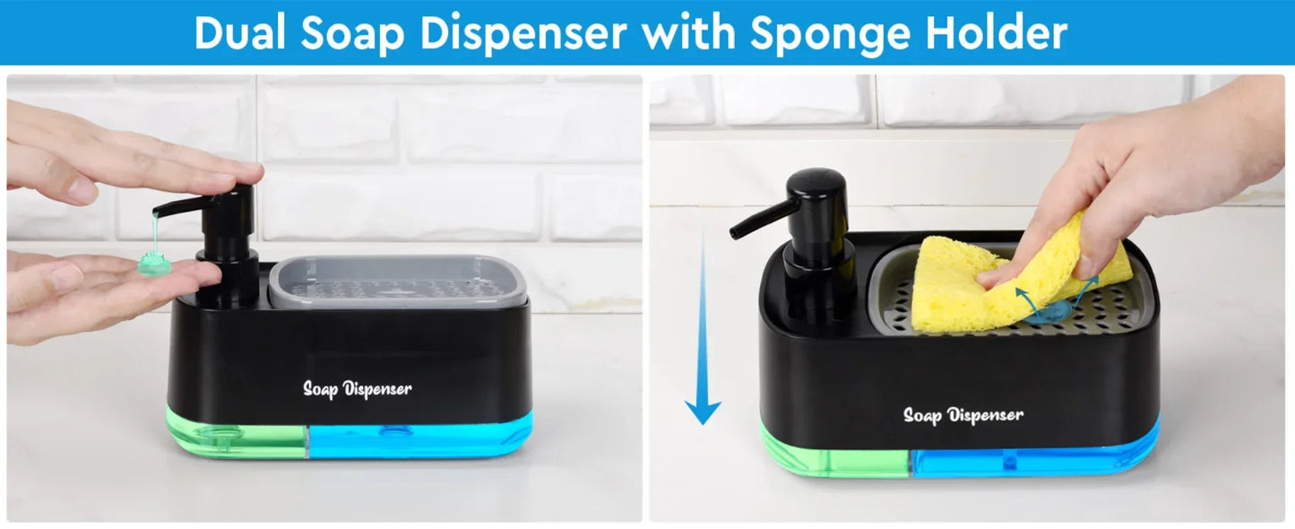 Hand and Dish Soap Dispenser Set, Dual Soap Dispenser with Sponge Holder, 3-in-1 Countertop Soap Pump Dispenser for Kitchen Sink