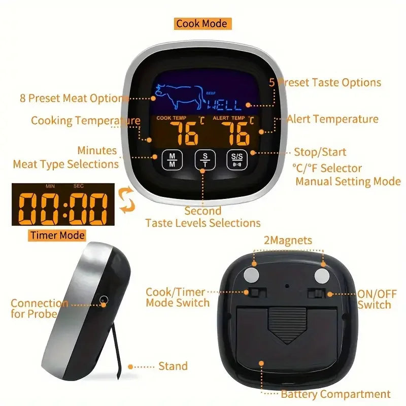 Large touchscreen digital kitchen thermometer with stainless steel probe - dual display Fahrenheit/Celsius, battery powered