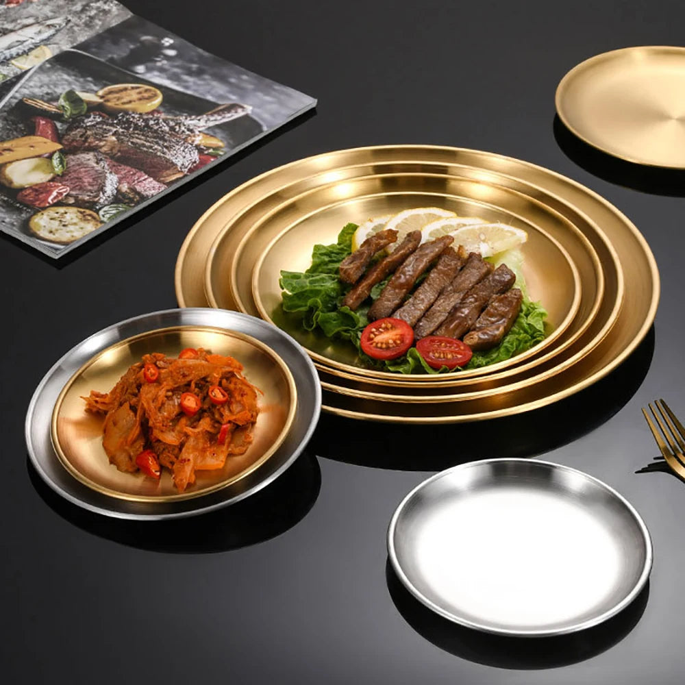 Korean Stainless Steel Disc Golden Cafe Tray Fruit Plate Cake Plate Bone Shallow Plate Snack Kitchen Home Outdoor Dinner Plate