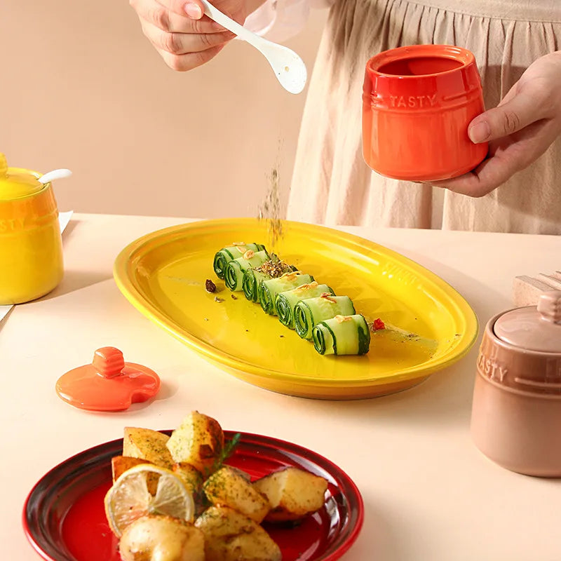 Ice Cream Gradient Rainbow Color Ceramic Seasoning Jar With Lid Sugar Salt Storage Accessories Kitchen Spoon French Style Set