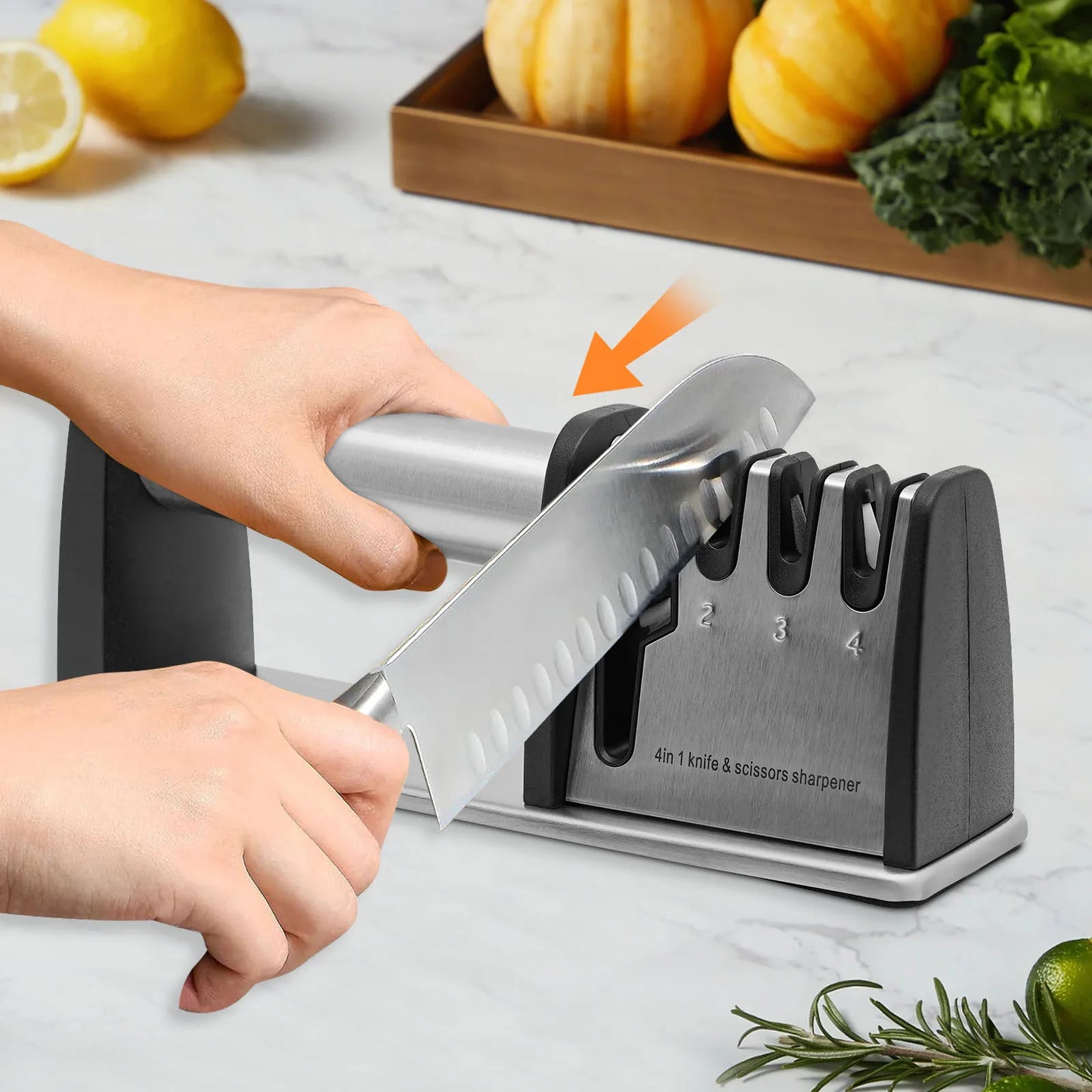 4-in-1 Electric Knife Sharpener for Kitchen with Tungsten, Diamond, Ceramic, and Scissors Slots, Easy to Use