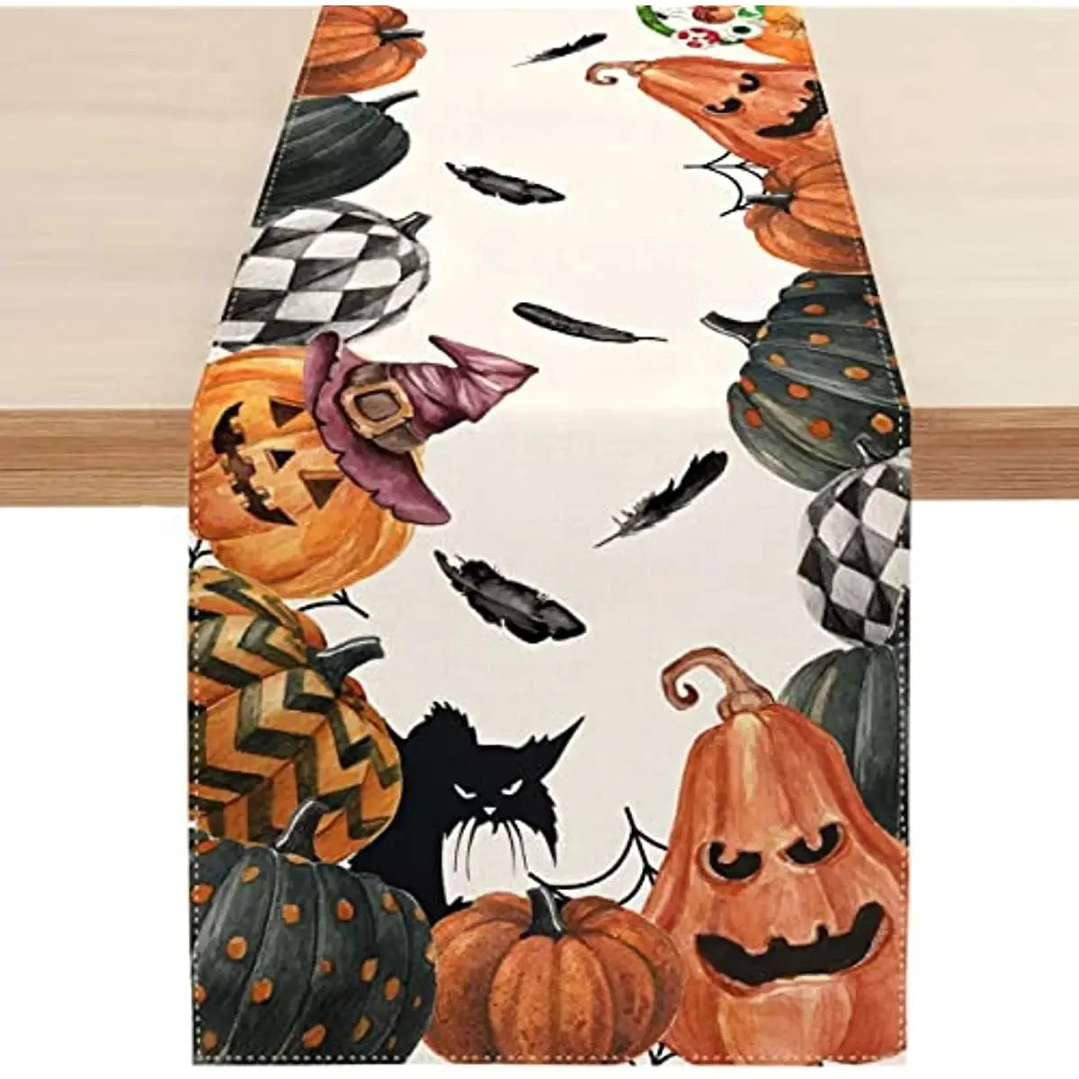 Halloween Polka Dot Ghost Pumpkin Cat Linen Table Runners Party Decor Reusable Dining Table Runners Kitchen Halloween Decoration