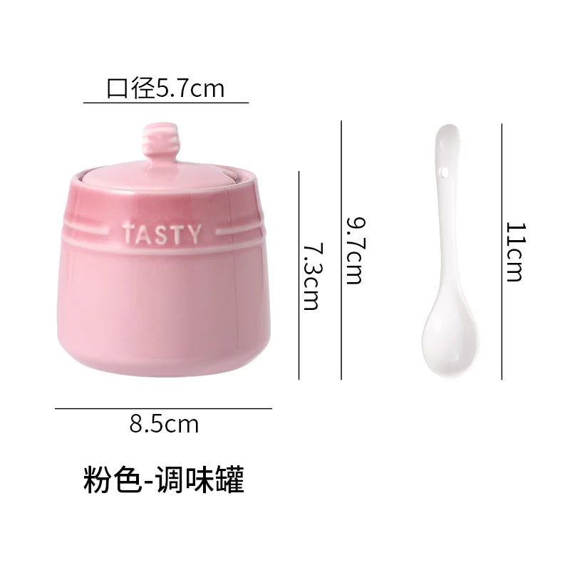 Ice Cream Gradient Rainbow Color Ceramic Seasoning Jar With Lid Sugar Salt Storage Accessories Kitchen Spoon French Style Set