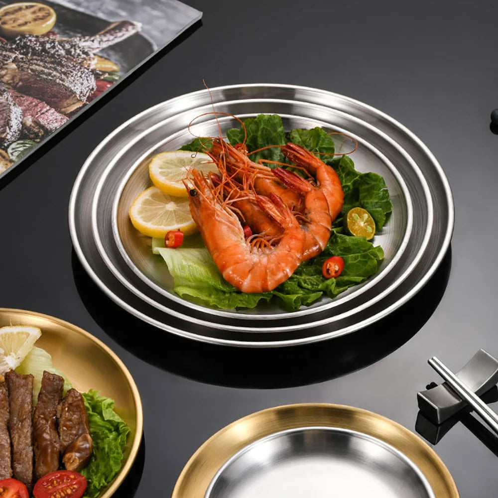 Korean Stainless Steel Disc Golden Cafe Tray Fruit Plate Cake Plate Bone Shallow Plate Snack Kitchen Home Outdoor Dinner Plate