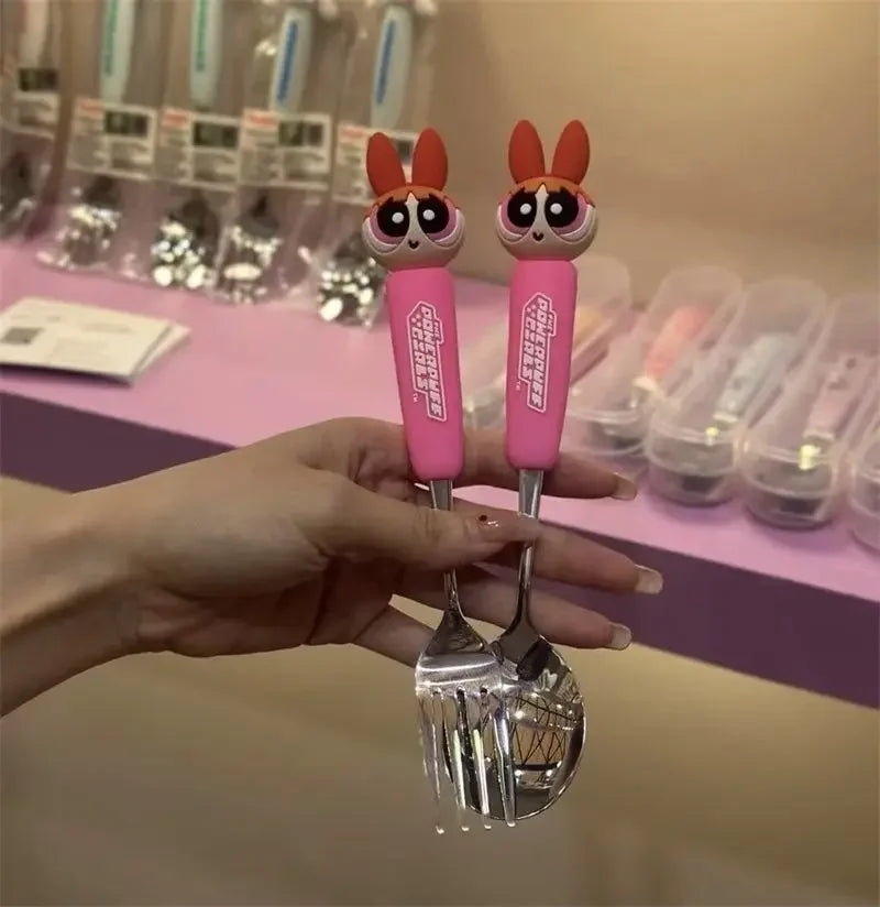 The Powerpuff Girls Blossom Bubbles Anime Peripheral Creative Cartoon Home Kitchen Student Portable Spoon and Fork Tableware