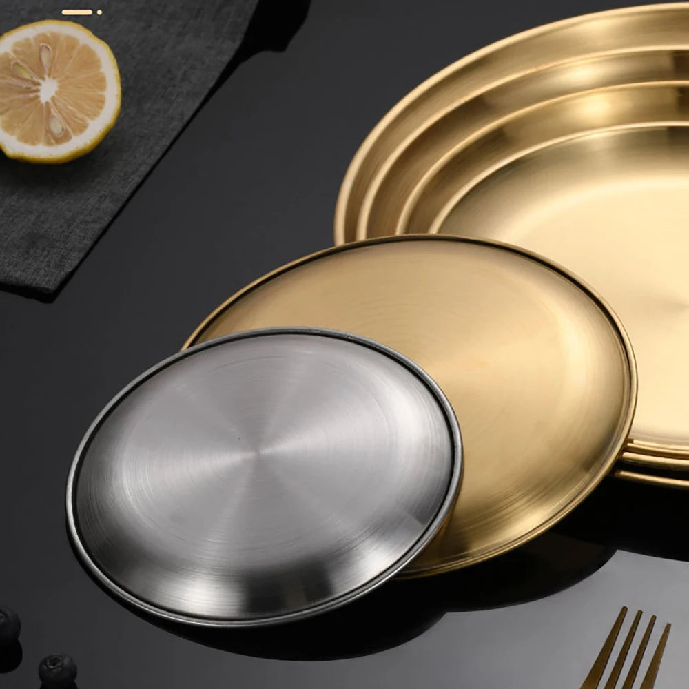 Korean Stainless Steel Disc Golden Cafe Tray Fruit Plate Cake Plate Bone Shallow Plate Snack Kitchen Home Outdoor Dinner Plate