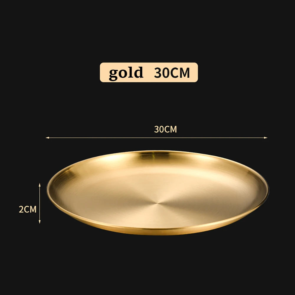 Korean Stainless Steel Disc Golden Cafe Tray Fruit Plate Cake Plate Bone Shallow Plate Snack Kitchen Home Outdoor Dinner Plate
