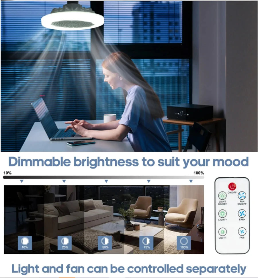 Smart remote control 3-in-1 ceiling fan light  E27 LED light 23cm universal bedroom and kitchen lamp ceiling fan
