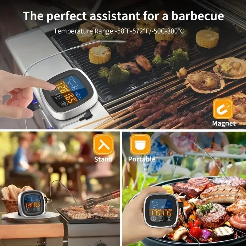 Large touchscreen digital kitchen thermometer with stainless steel probe - dual display Fahrenheit/Celsius, battery powered