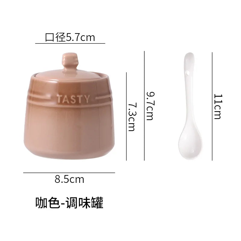 Ice Cream Gradient Rainbow Color Ceramic Seasoning Jar With Lid Sugar Salt Storage Accessories Kitchen Spoon French Style Set