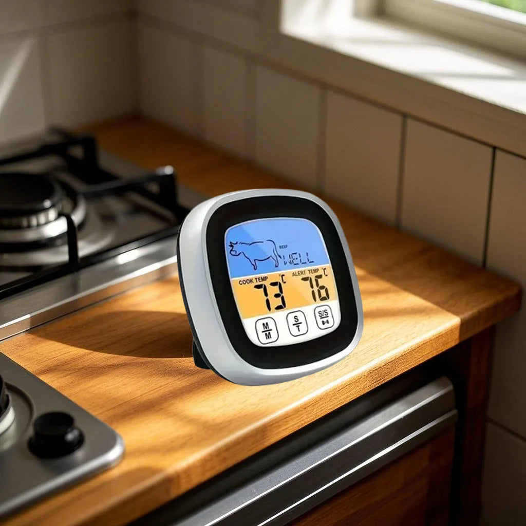 Large touchscreen digital kitchen thermometer with stainless steel probe - dual display Fahrenheit/Celsius, battery powered
