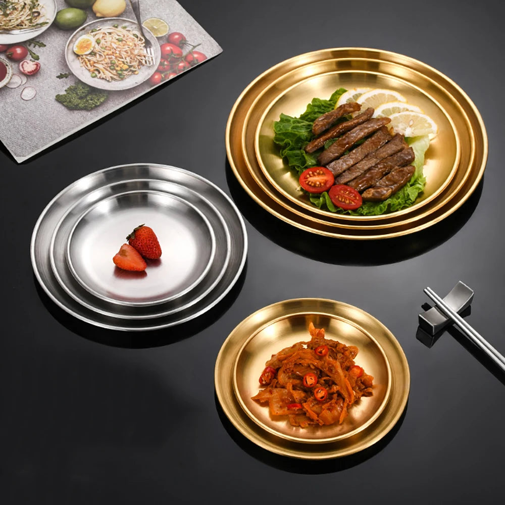 Korean Stainless Steel Disc Golden Cafe Tray Fruit Plate Cake Plate Bone Shallow Plate Snack Kitchen Home Outdoor Dinner Plate