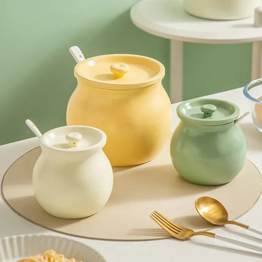 Ceramic Lard Jar High Temperature Resistant with Lid Chili Oil Can Ceramic Spice Jar Hot Pepper Jar Kitchen Salt Jar Bring Spoon