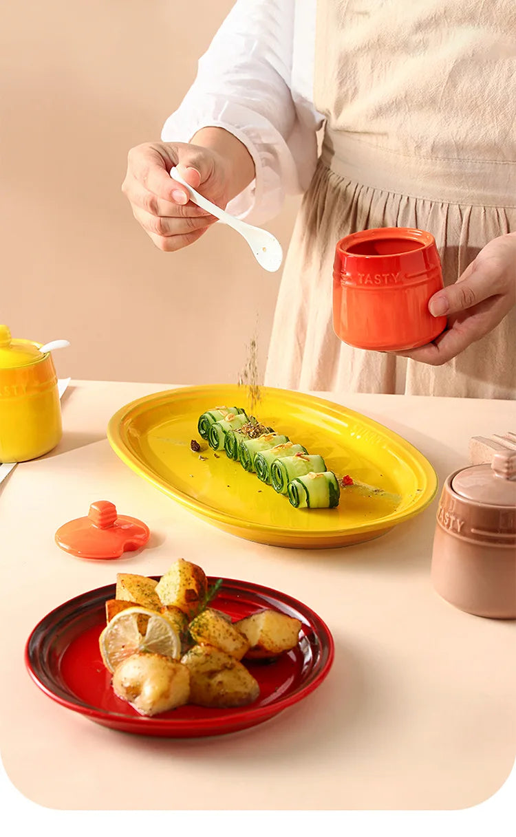Ice Cream Gradient Rainbow Color Ceramic Seasoning Jar With Lid Sugar Salt Storage Accessories Kitchen Spoon French Style Set