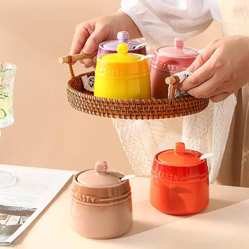 Ice Cream Gradient Rainbow Color Ceramic Seasoning Jar With Lid Sugar Salt Storage Accessories Kitchen Spoon French Style Set