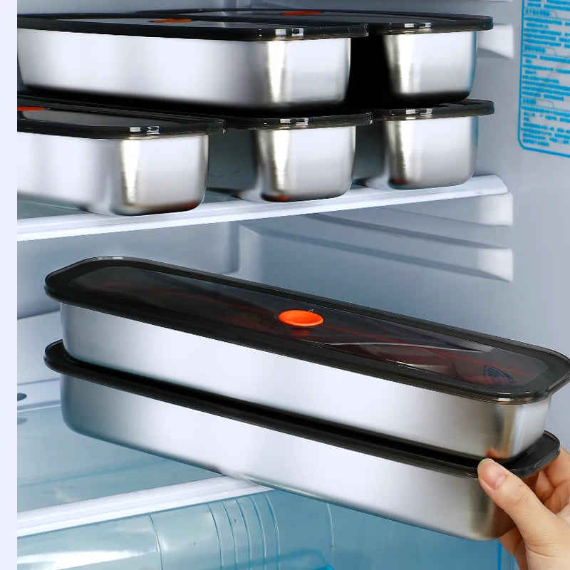 Stainless steel bacon tray with lid, suitable for fruits, vegetables, and meats, kitchen cleaning, and refrigerator storage