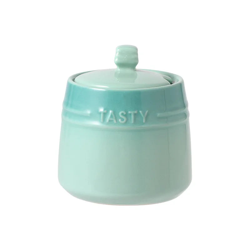 Ice Cream Gradient Rainbow Color Ceramic Seasoning Jar With Lid Sugar Salt Storage Accessories Kitchen Spoon French Style Set