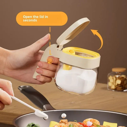 Transparent Glass Seasoning Jar Household Flip Cover with Spoon Chicken Essence Salt, Kitchen Monosodium Glutamate Seasoning Box