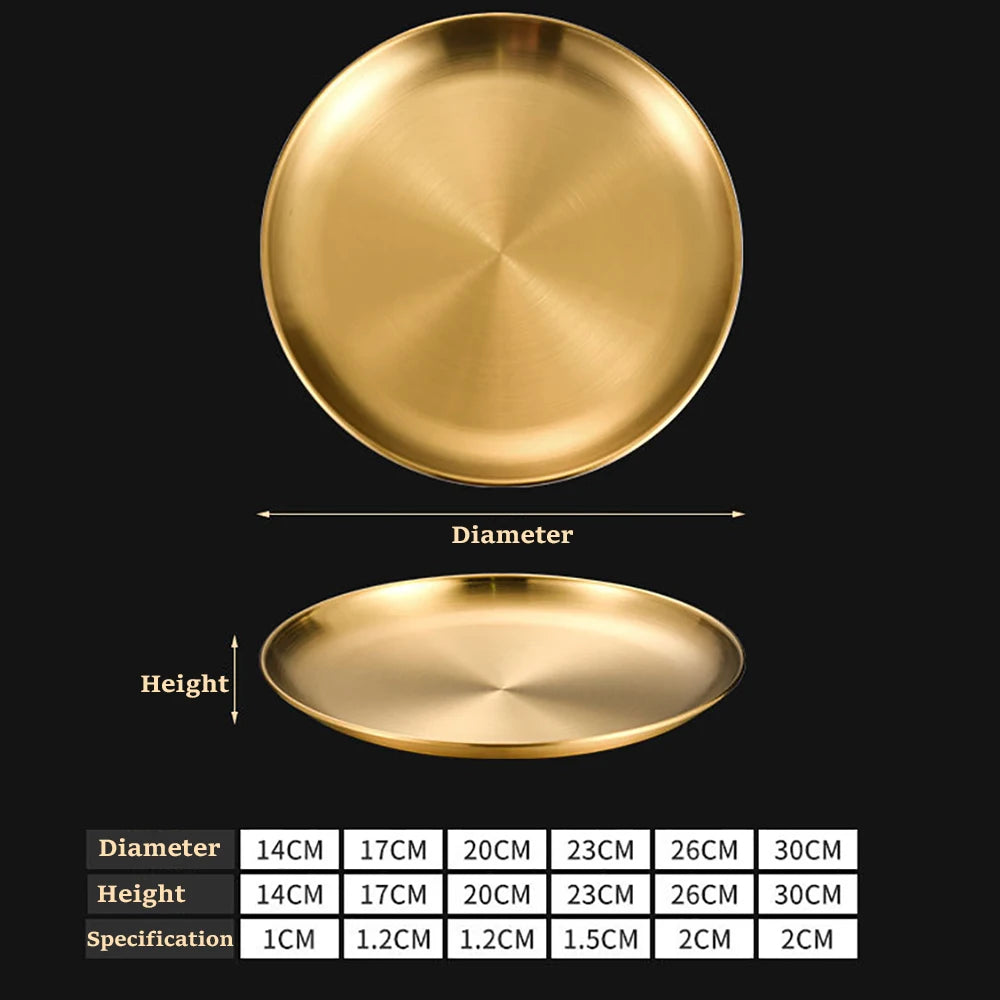 Korean Stainless Steel Disc Golden Cafe Tray Fruit Plate Cake Plate Bone Shallow Plate Snack Kitchen Home Outdoor Dinner Plate