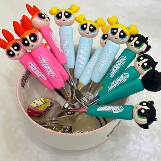 The Powerpuff Girls Blossom Bubbles Anime Peripheral Creative Cartoon Home Kitchen Student Portable Spoon and Fork Tableware