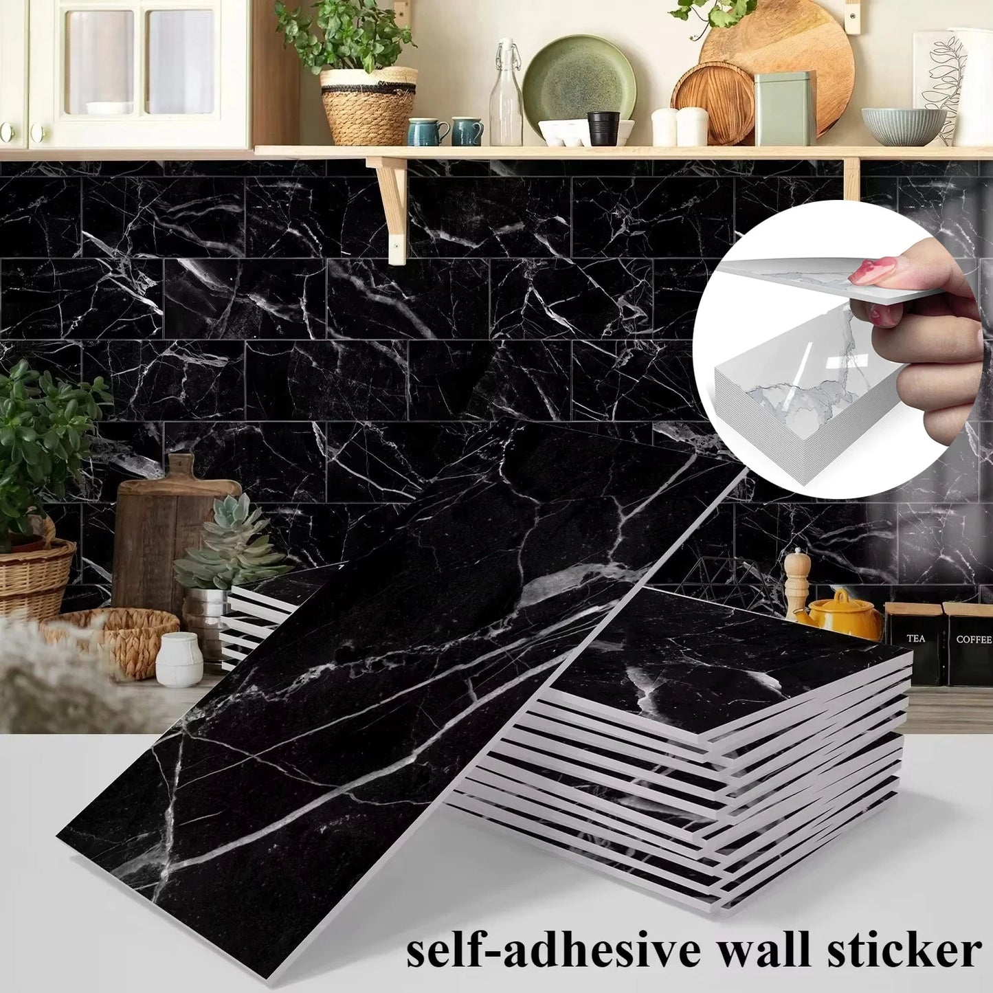 16 Pcs 20x10cm Marble Pattern Wall Stickers, Glossy Self-Adhesive PVC Film,Water-Resistant Kitchen Bathroom Decor Stick on Tiles