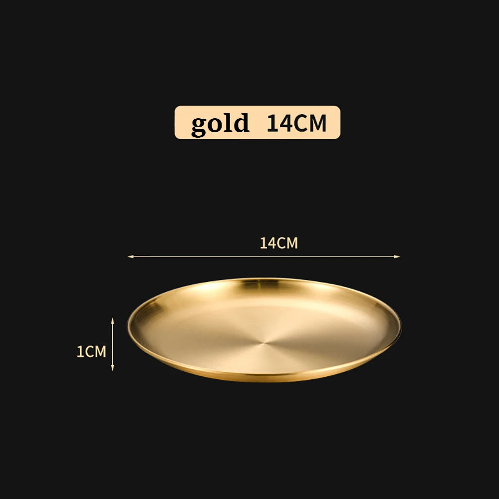 Korean Stainless Steel Disc Golden Cafe Tray Fruit Plate Cake Plate Bone Shallow Plate Snack Kitchen Home Outdoor Dinner Plate