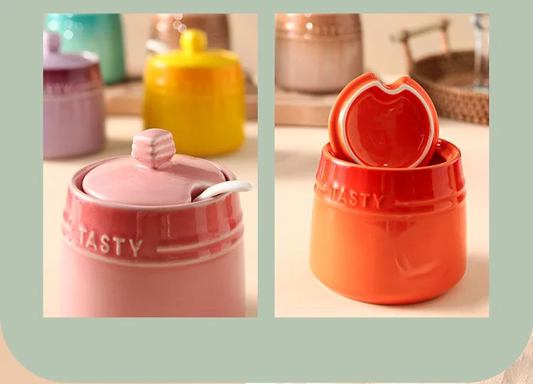 Ice Cream Gradient Rainbow Color Ceramic Seasoning Jar With Lid Sugar Salt Storage Accessories Kitchen Spoon French Style Set