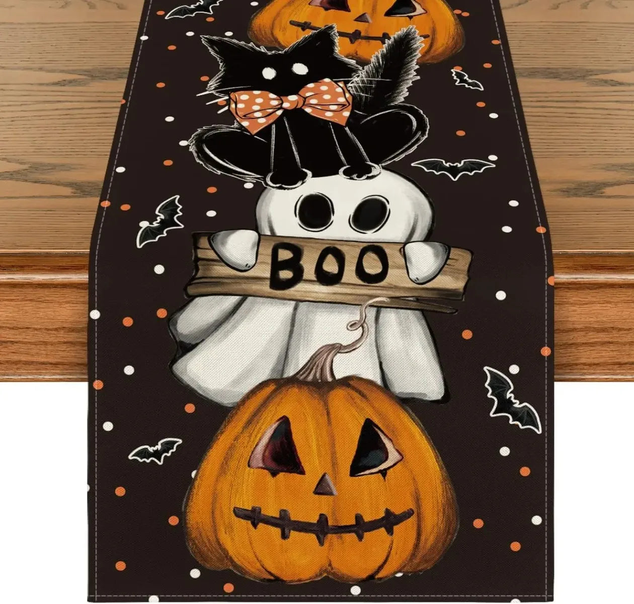 Halloween Polka Dot Ghost Pumpkin Cat Linen Table Runners Party Decor Reusable Dining Table Runners Kitchen Halloween Decoration