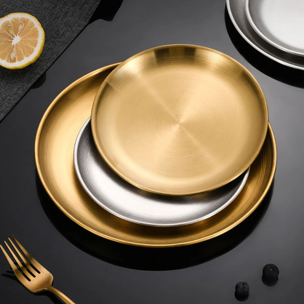 Korean Stainless Steel Disc Golden Cafe Tray Fruit Plate Cake Plate Bone Shallow Plate Snack Kitchen Home Outdoor Dinner Plate