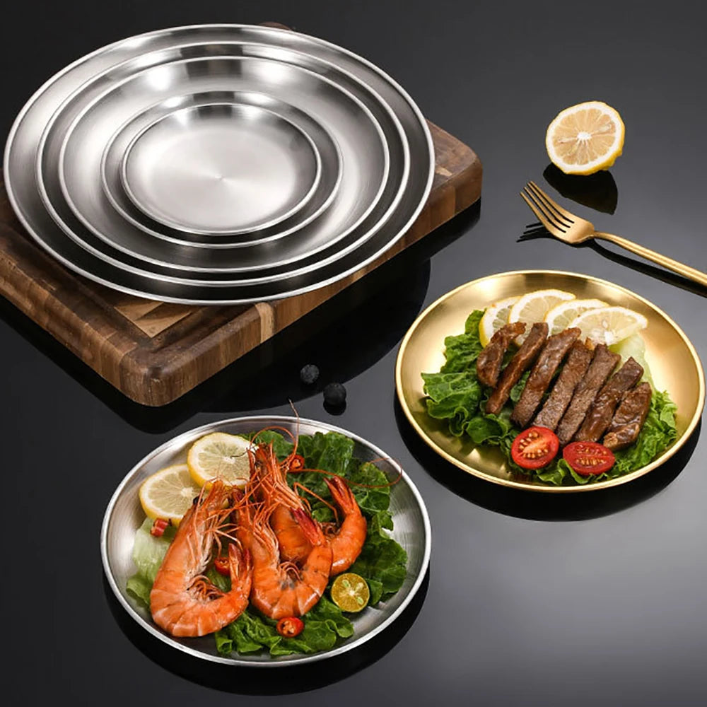 Korean Stainless Steel Disc Golden Cafe Tray Fruit Plate Cake Plate Bone Shallow Plate Snack Kitchen Home Outdoor Dinner Plate