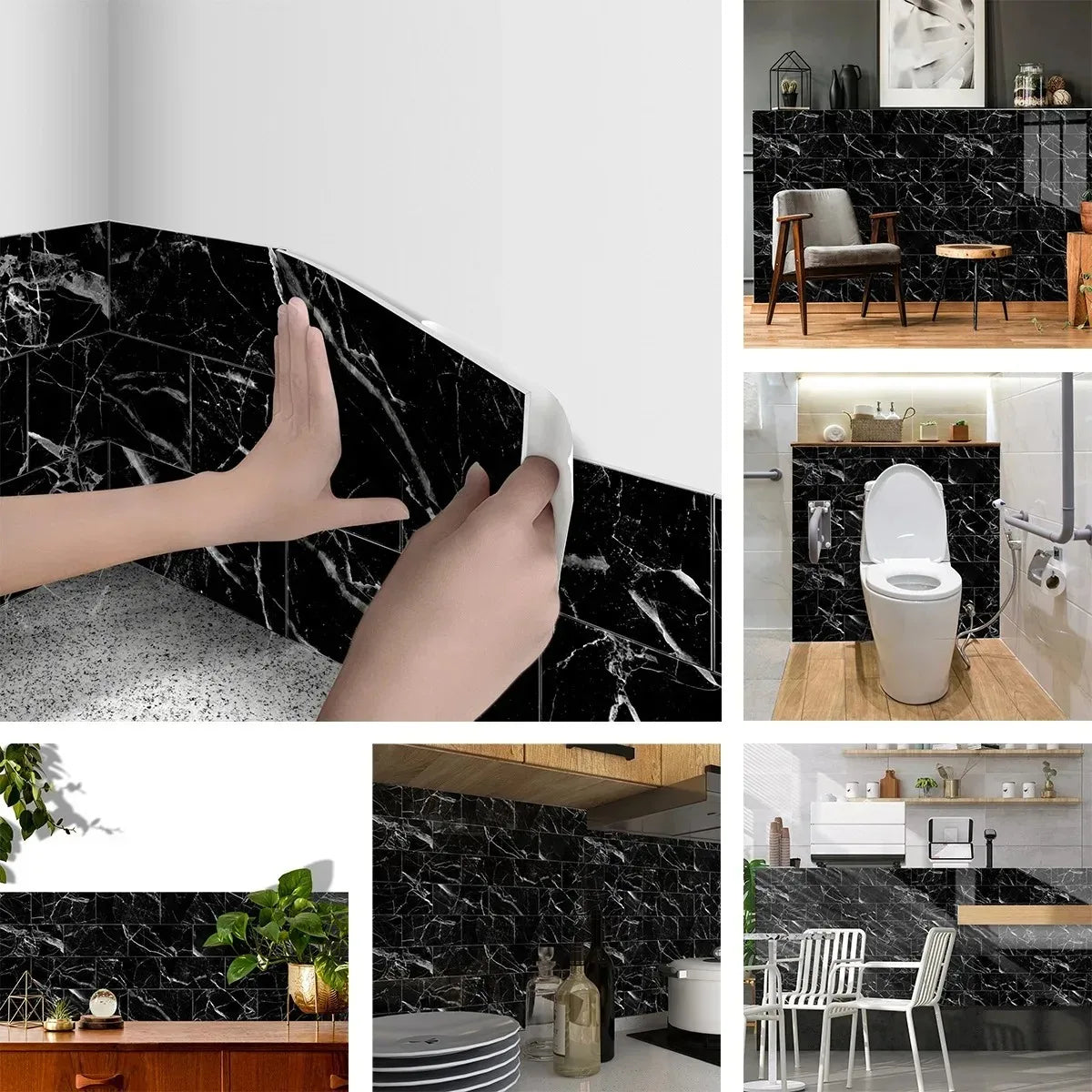 16 Pcs 20x10cm Marble Pattern Wall Stickers, Glossy Self-Adhesive PVC Film,Water-Resistant Kitchen Bathroom Decor Stick on Tiles