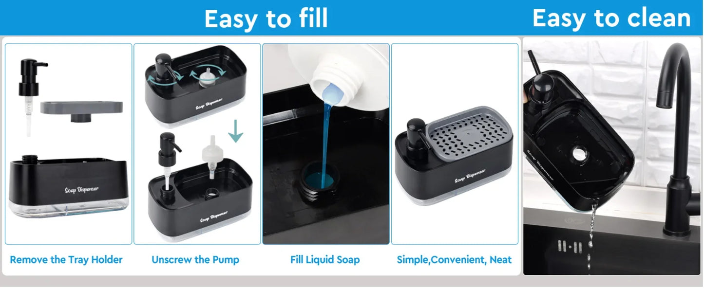 Hand and Dish Soap Dispenser Set, Dual Soap Dispenser with Sponge Holder, 3-in-1 Countertop Soap Pump Dispenser for Kitchen Sink
