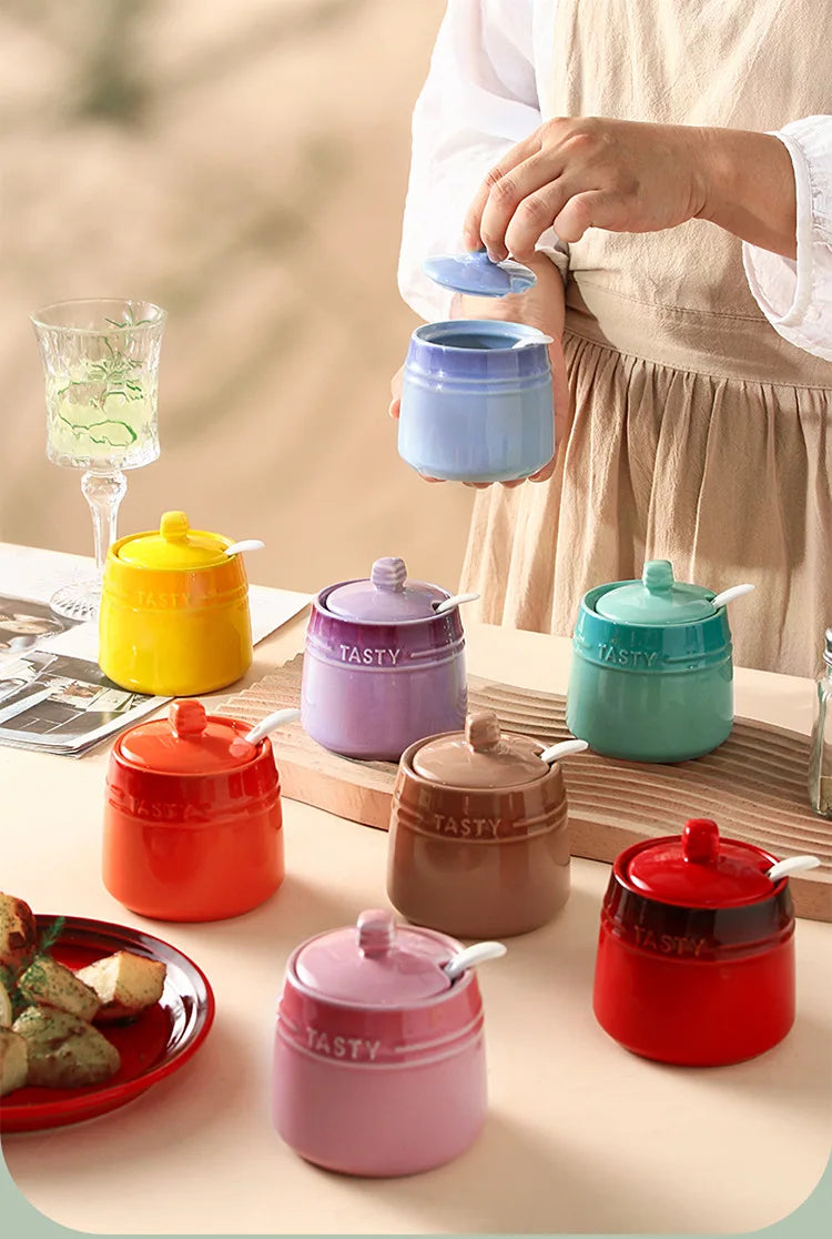 Ice Cream Gradient Rainbow Color Ceramic Seasoning Jar With Lid Sugar Salt Storage Accessories Kitchen Spoon French Style Set